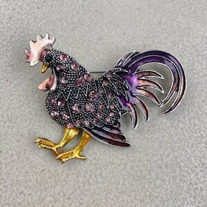 Vintage chicken pin Purple Gold Rhinestone Rooster Fancy Brooch Unique Lapel Pin